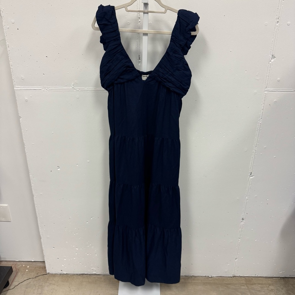 NWT Jason Wu Navy Linen Blend Tiered V-neck Maxi Dress XL